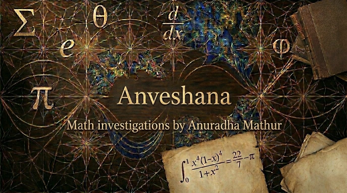 Anveshana — Math investigations by Anuradha Mathur, with mathematical symbols on a dark wood background